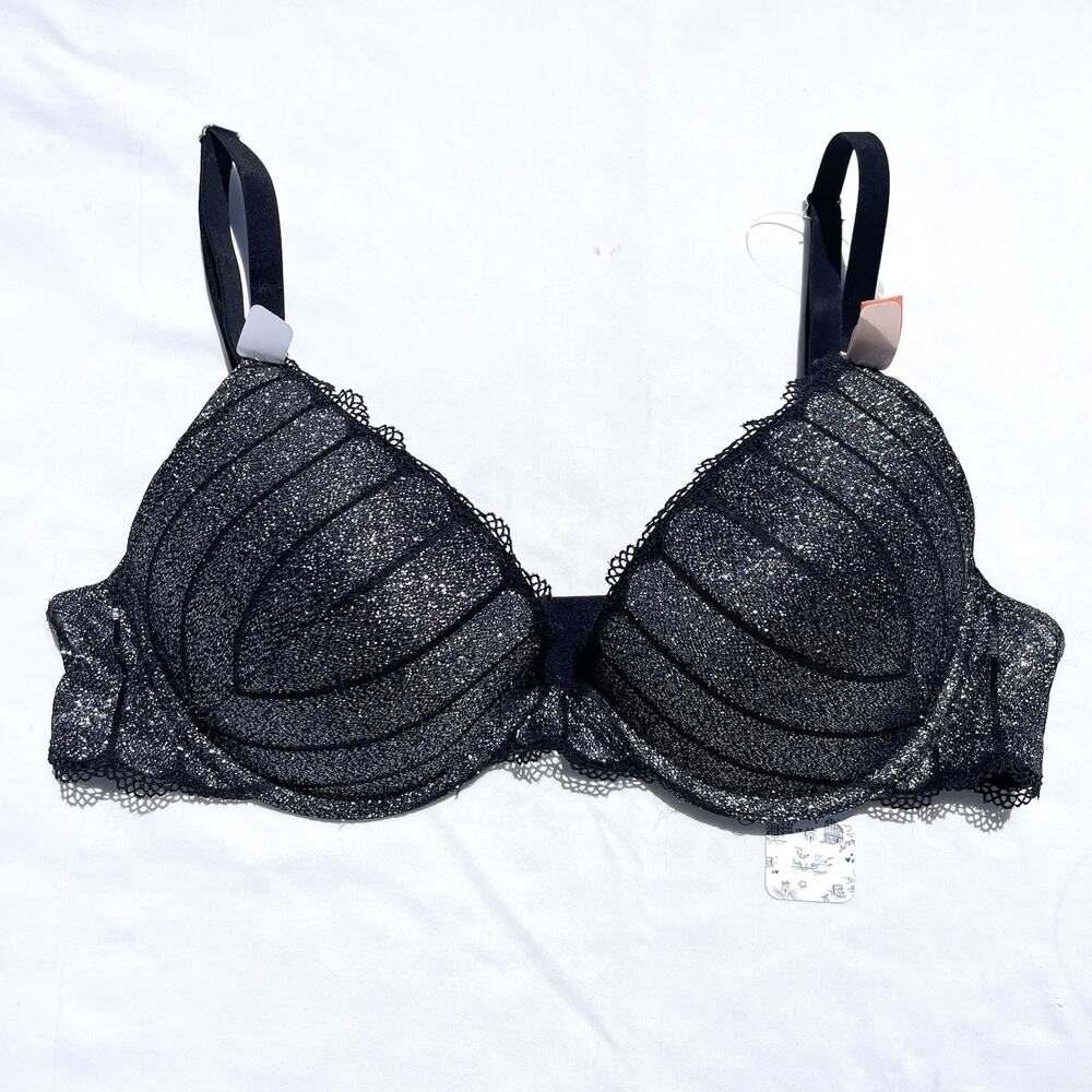 Etam France Push Up Bra 36C Silver Black Sparkle Underwire